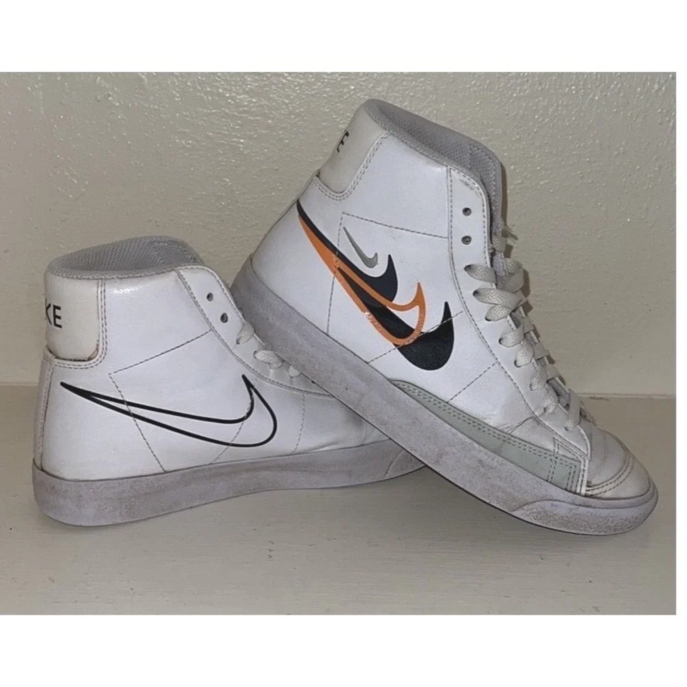 Nike Blazer Mid 77 GS White Black Orange Multi Swoosh FN7788-100 Kids 5Y